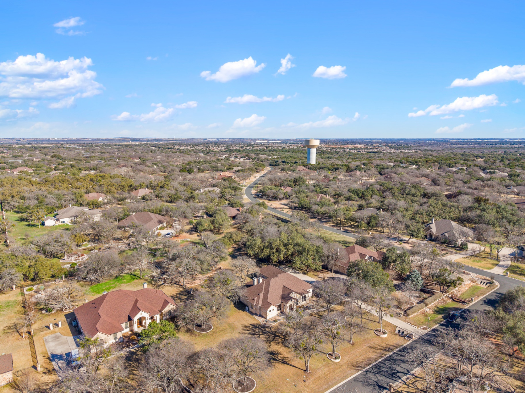 Aerial view of Shady Oaks Estates neighborhood with mature oak trees and winding roads